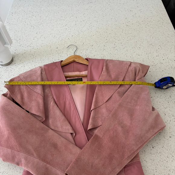 Vintage 80s Danier Pink Suede & Leather Cropped Jacket | Ruffle Collar Statement - Picture 11 of 12